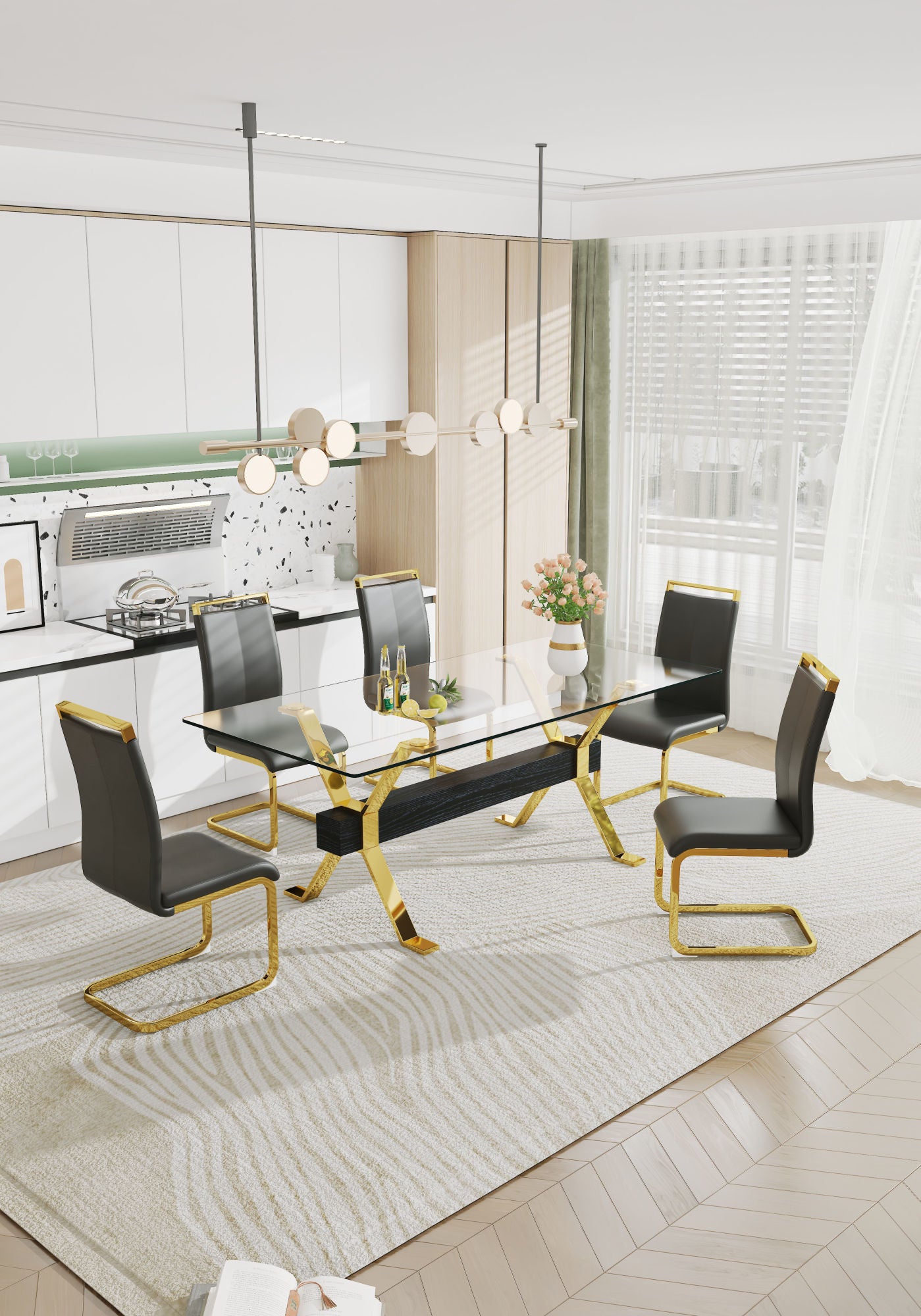 ContemporaryGlass Dining Table - Versatile for Home or Office. Features a Large Tempered Glass Top, Modern Office Desk Design with Gold-Plated Metal Legs and MDF Crossbars. Ideal for Kitchen Use. Dimensions: 79''x39''x30'