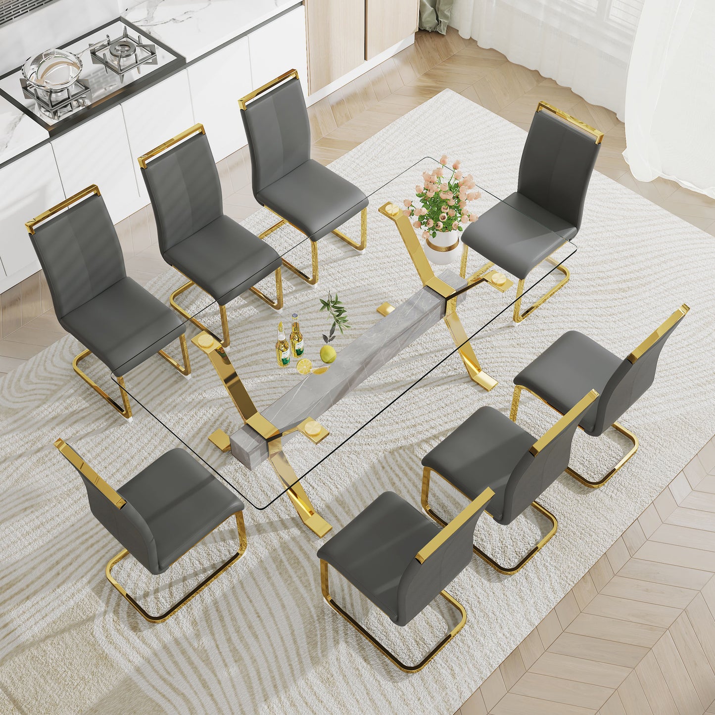ContemporaryGlass Dining Table - Versatile for Home or Office. Features a Large Tempered Glass Top, Modern Office Desk Design with Gold-Plated Metal Legs and MDF Crossbars. Ideal for Kitchen Use. Dimensions: 79''x39''x30'