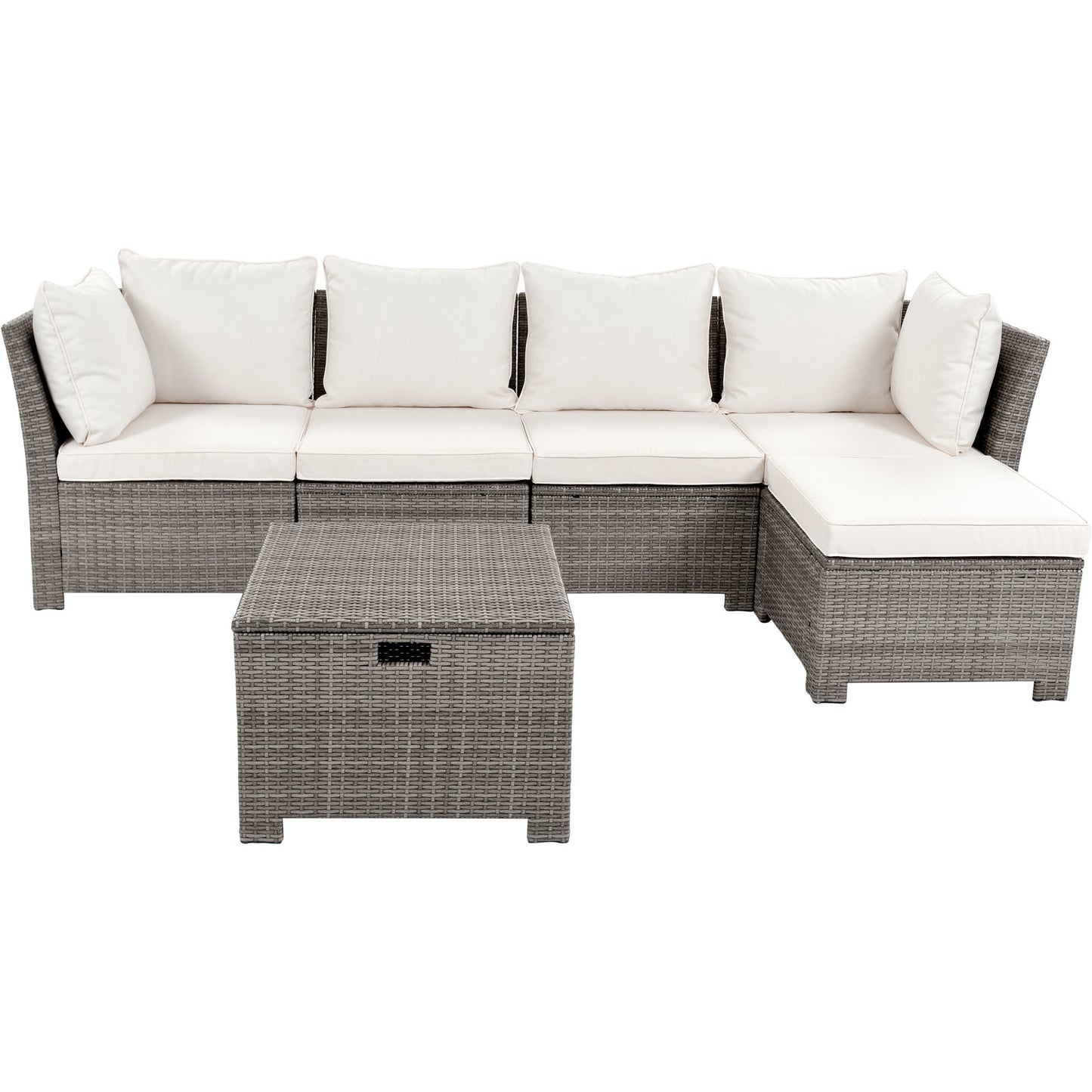 6-Piece Outdoor Sofa Set, PE Wicker Rattan Sofa with 2 Corner Chairs, 2 Single Chairs, 1 Ottoman and 1 Storage Table, All-weather Conversational Furniture, Beige