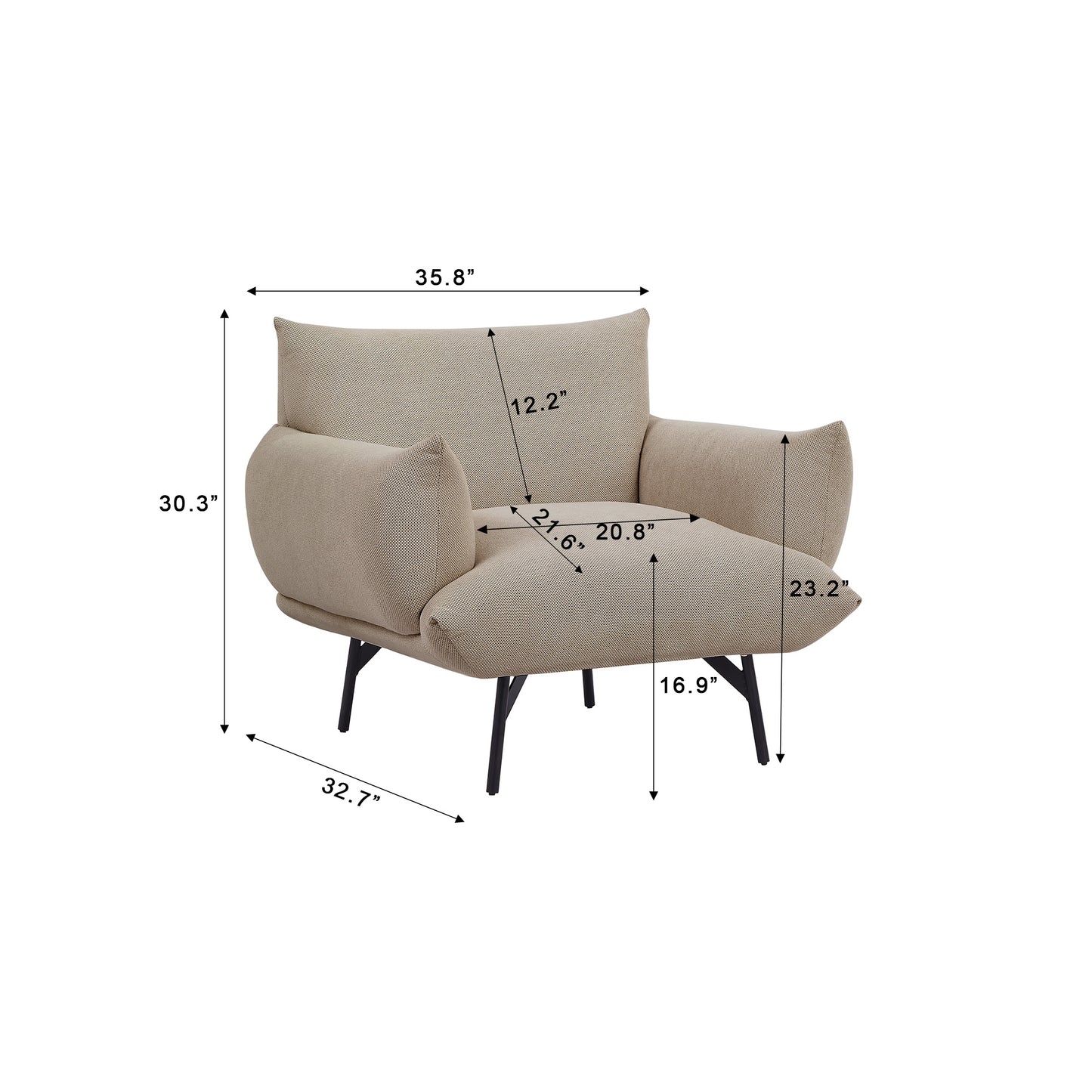Oversized Living Room Accent Armchair Upholstered-Single Sofa Chair, Mid-Century Modern Comfy Fabric Armchair with Metal Leg
