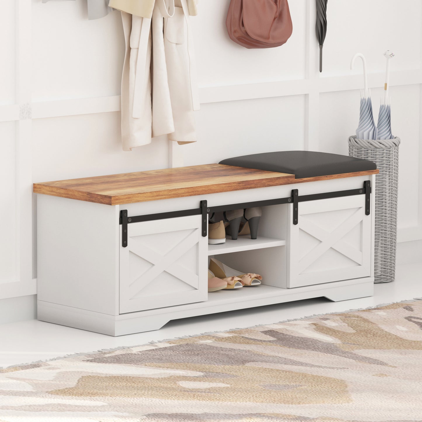 47 Inch Modern Farmhouse Sliding X Barn Door Litterbox Bench with Entry Cutout;  Shoe Bench Multi-color Option