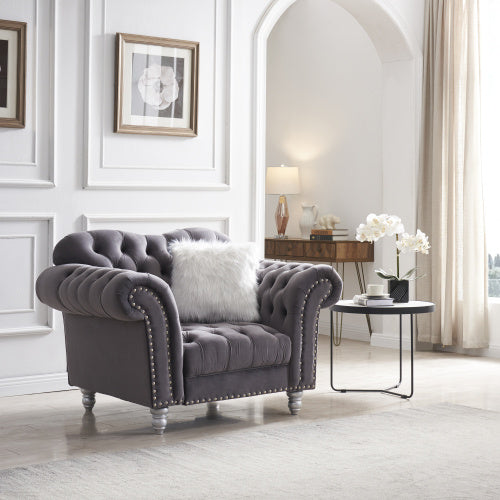 3 Piece Living Room Sofa Set; including 3-Seater Sofa; Loveseat and Sofa Chair; with Button and Copper Nail on Arms and Back; Five White Villose Pillow; Grey.