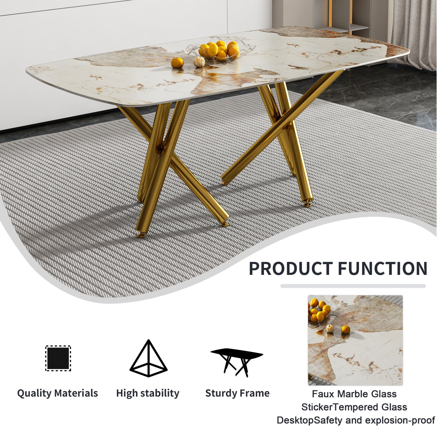 SleekMarble Rectangular Dining Table - Features a 0.39-inch Imitation Marble Top and Elegant Gold-Plated Metal Legs