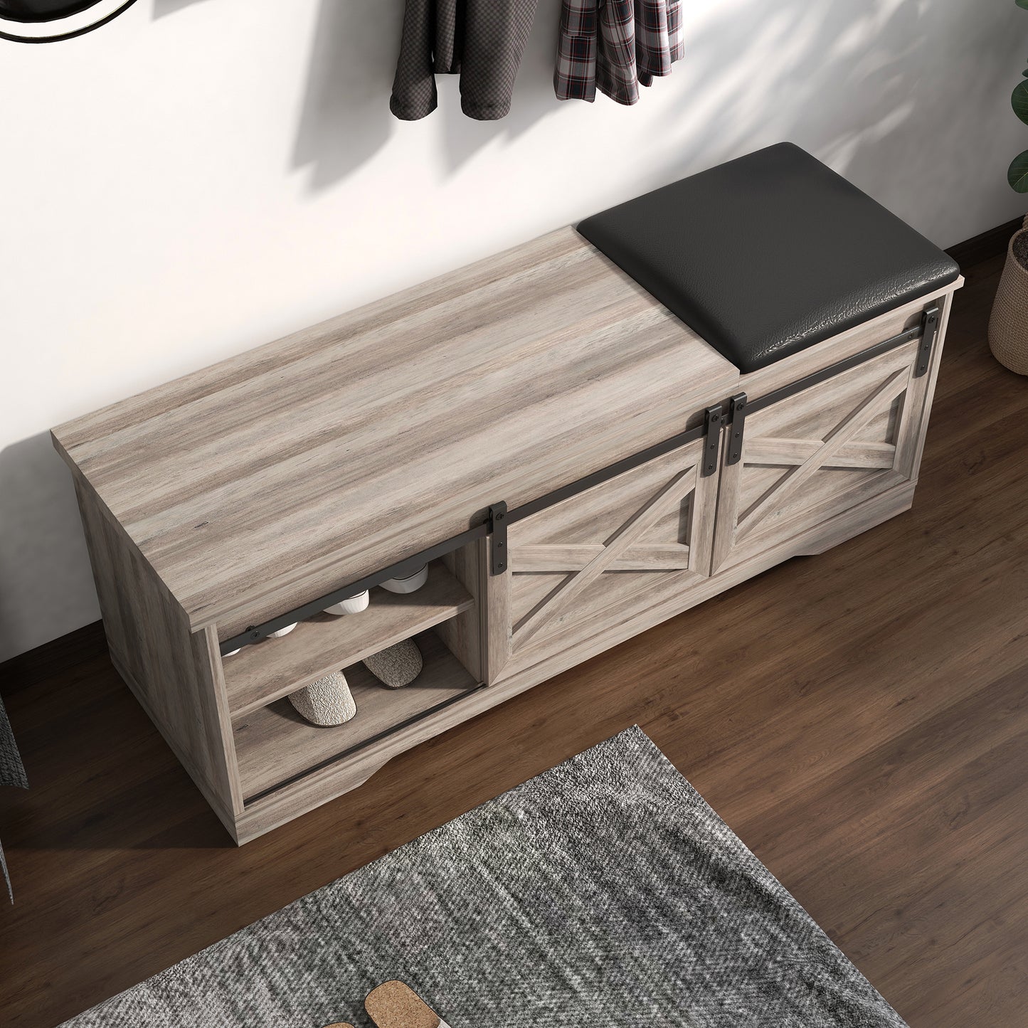 47 Inch Modern Farmhouse Sliding X Barn Door Litterbox Bench with Entry Cutout;  Shoe Bench Multi-color Option
