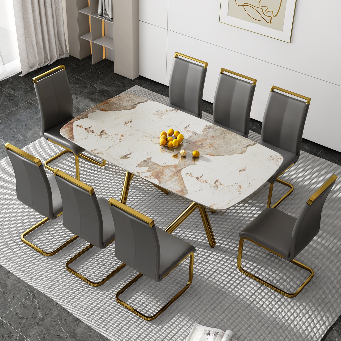 SleekMarble Rectangular Dining Table - Features a 0.39-inch Imitation Marble Top and Elegant Gold-Plated Metal Legs