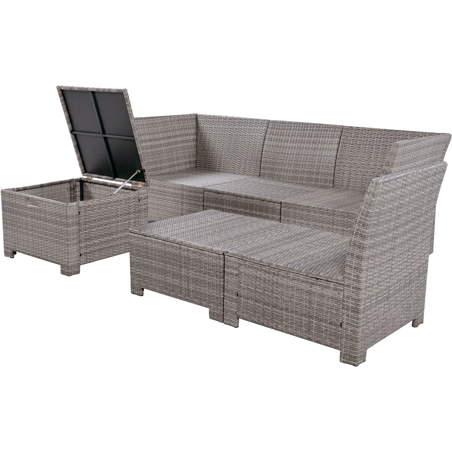 6-Piece Outdoor Sofa Set, PE Wicker Rattan Sofa with 2 Corner Chairs, 2 Single Chairs, 1 Ottoman and 1 Storage Table, All-weather Conversational Furniture, Beige