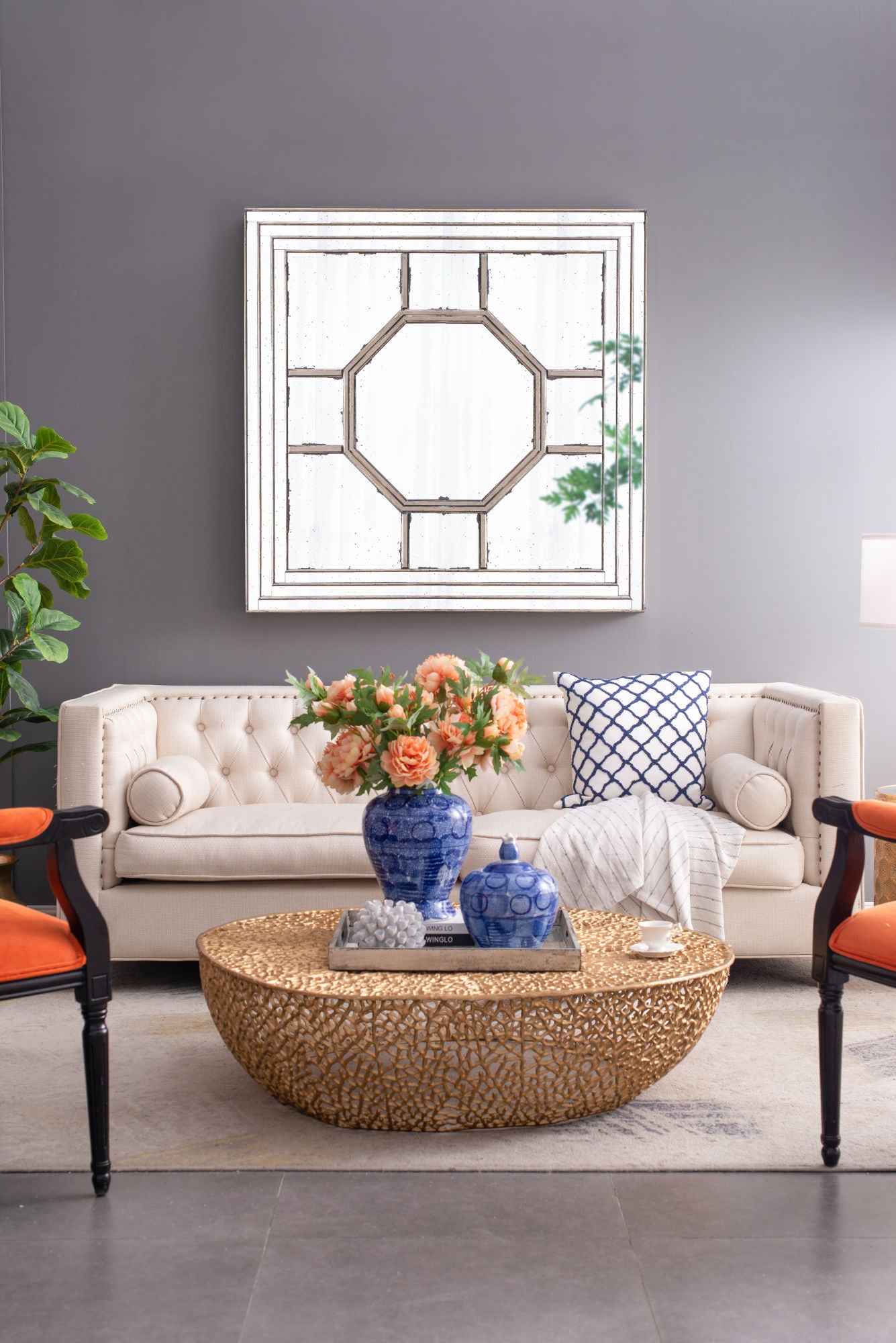 48"x48" Antique Style Decorative Square Wall Mirror with Mirrored Frame