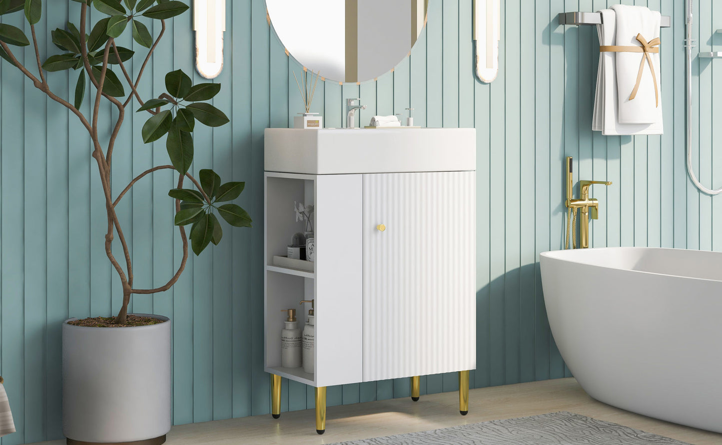 21.6" white Bathroom vanity, Combo -Single Ceramic Sink, Left side storage