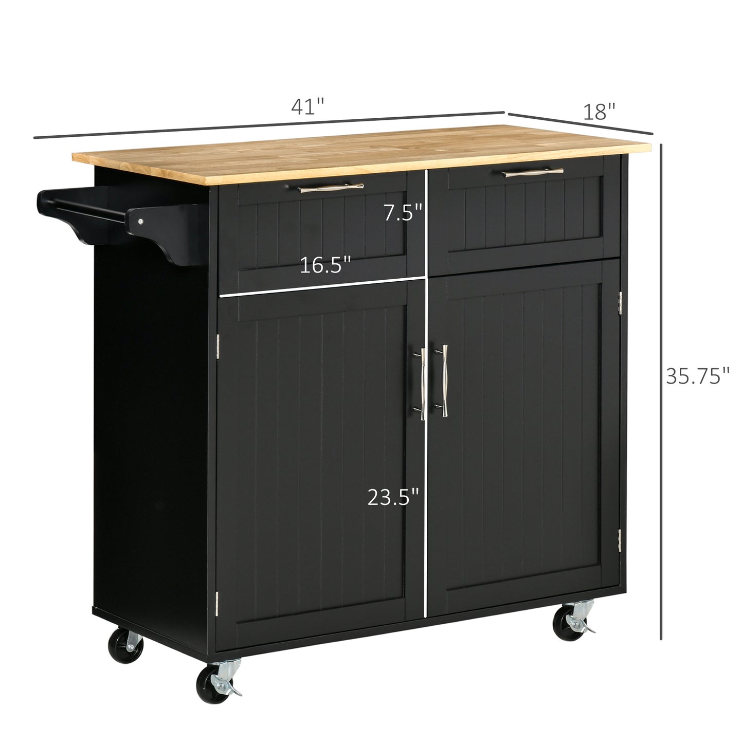 41" Modern Rolling Kitchen Island on Wheels, Utility Cart Storage Trolley with Rubberwood Top & Drawers, Black