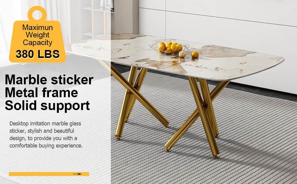 SleekMarble Rectangular Dining Table - Features a 0.39-inch Imitation Marble Top and Elegant Gold-Plated Metal Legs