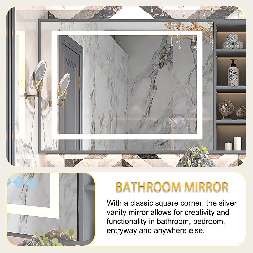 32x24inch Glossy Brushed Silver 3000-6000K LED Bathroom Mirror With Lights,Anti-Fog Dimmable Lighted Wall Mounted Vanity Mirror Master Bath Modern Makeup(Horizontal & Vertical)