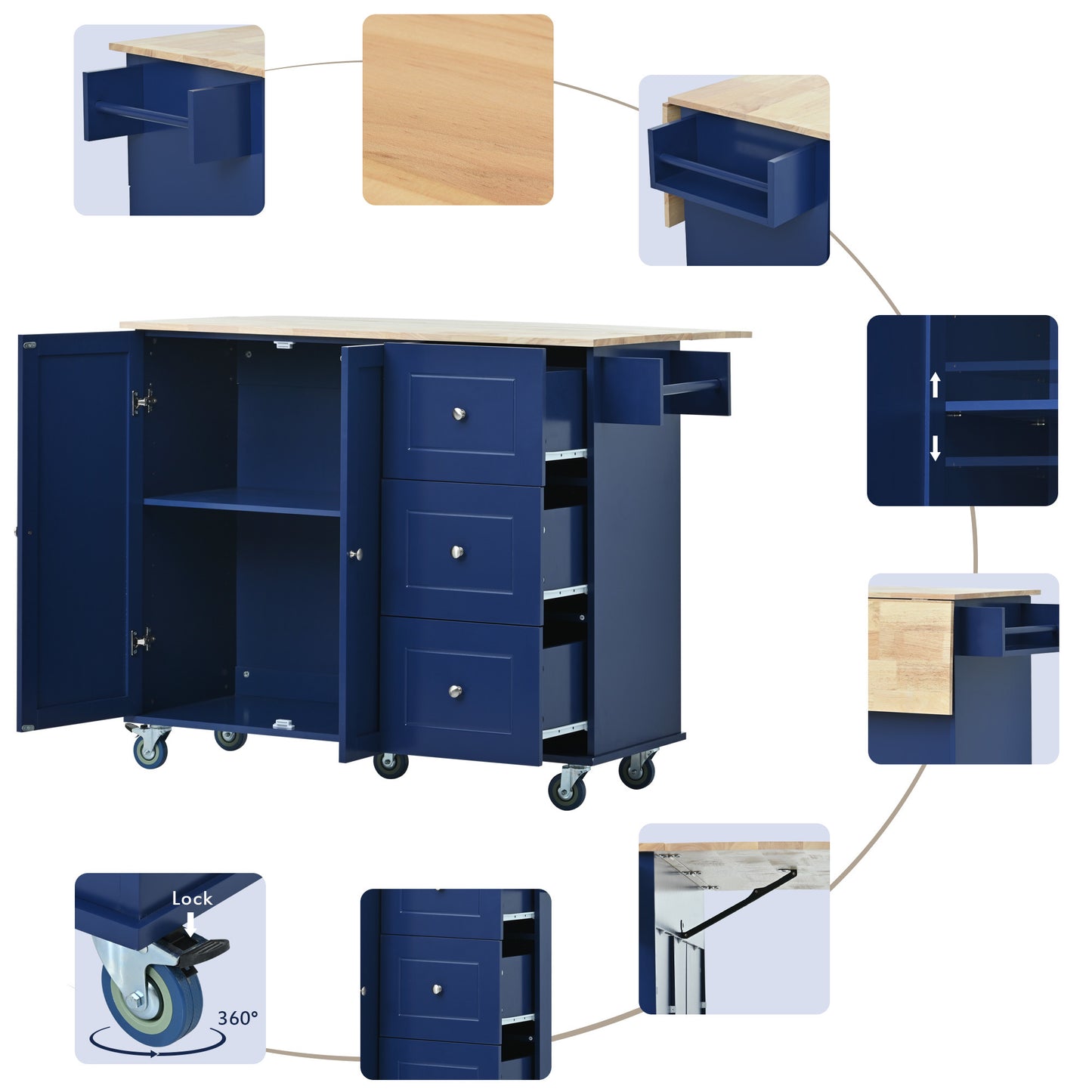Rolling Mobile Kitchen Island with Drop Leaf - Solid Wood Top Dark blue)