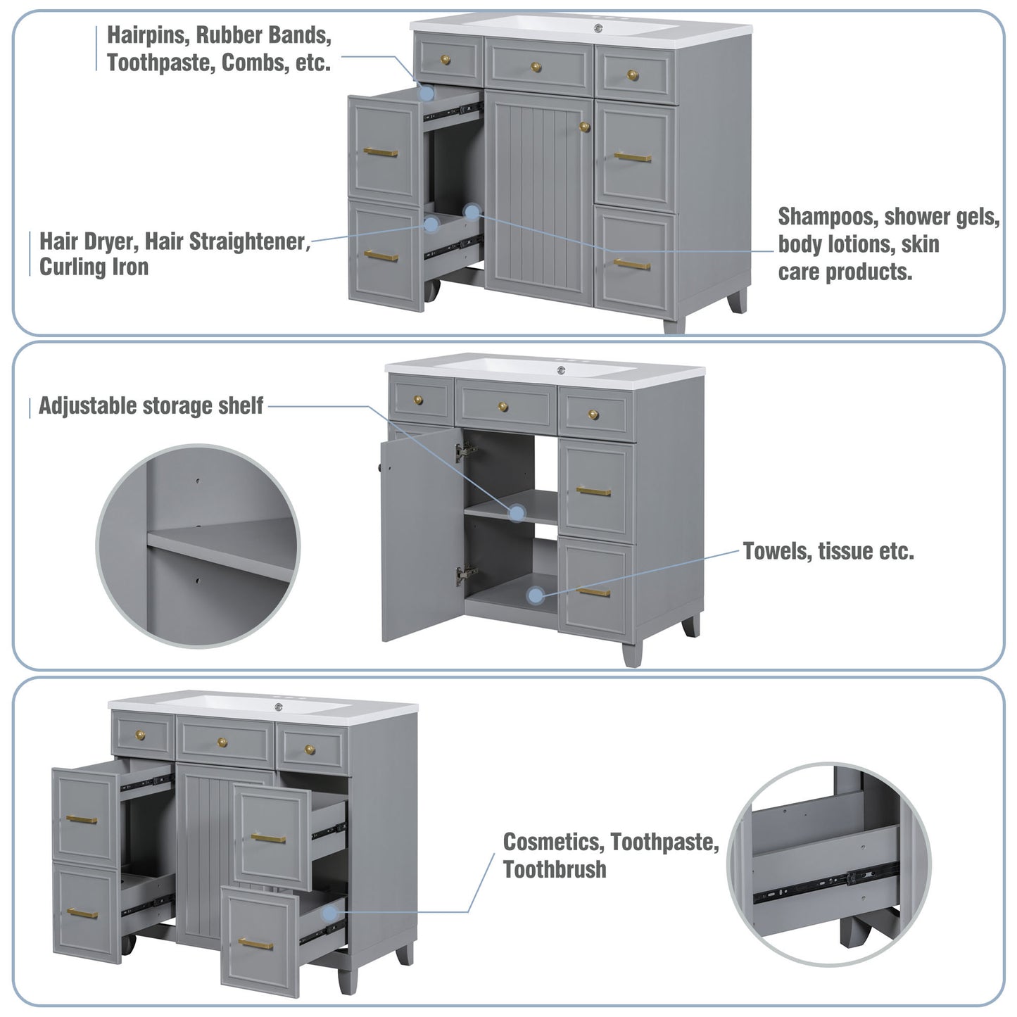 36" Bathroom Vanity Cabinet with Sink Top Combo Set, Grey, Single Sink.