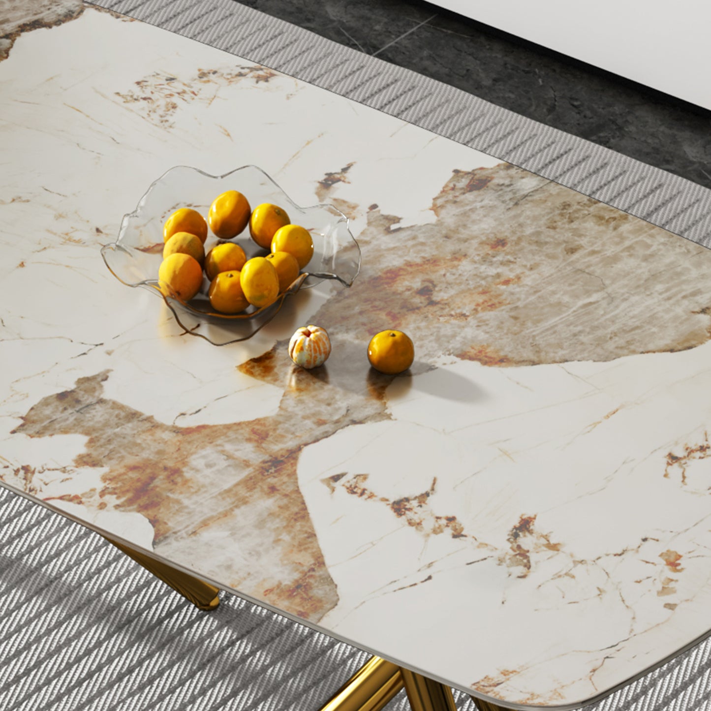 SleekMarble Rectangular Dining Table - Features a 0.39-inch Imitation Marble Top and Elegant Gold-Plated Metal Legs