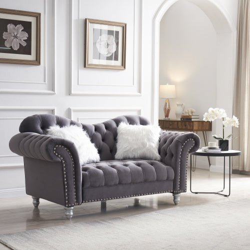 3 Piece Living Room Sofa Set; including 3-Seater Sofa; Loveseat and Sofa Chair; with Button and Copper Nail on Arms and Back; Five White Villose Pillow; Grey.