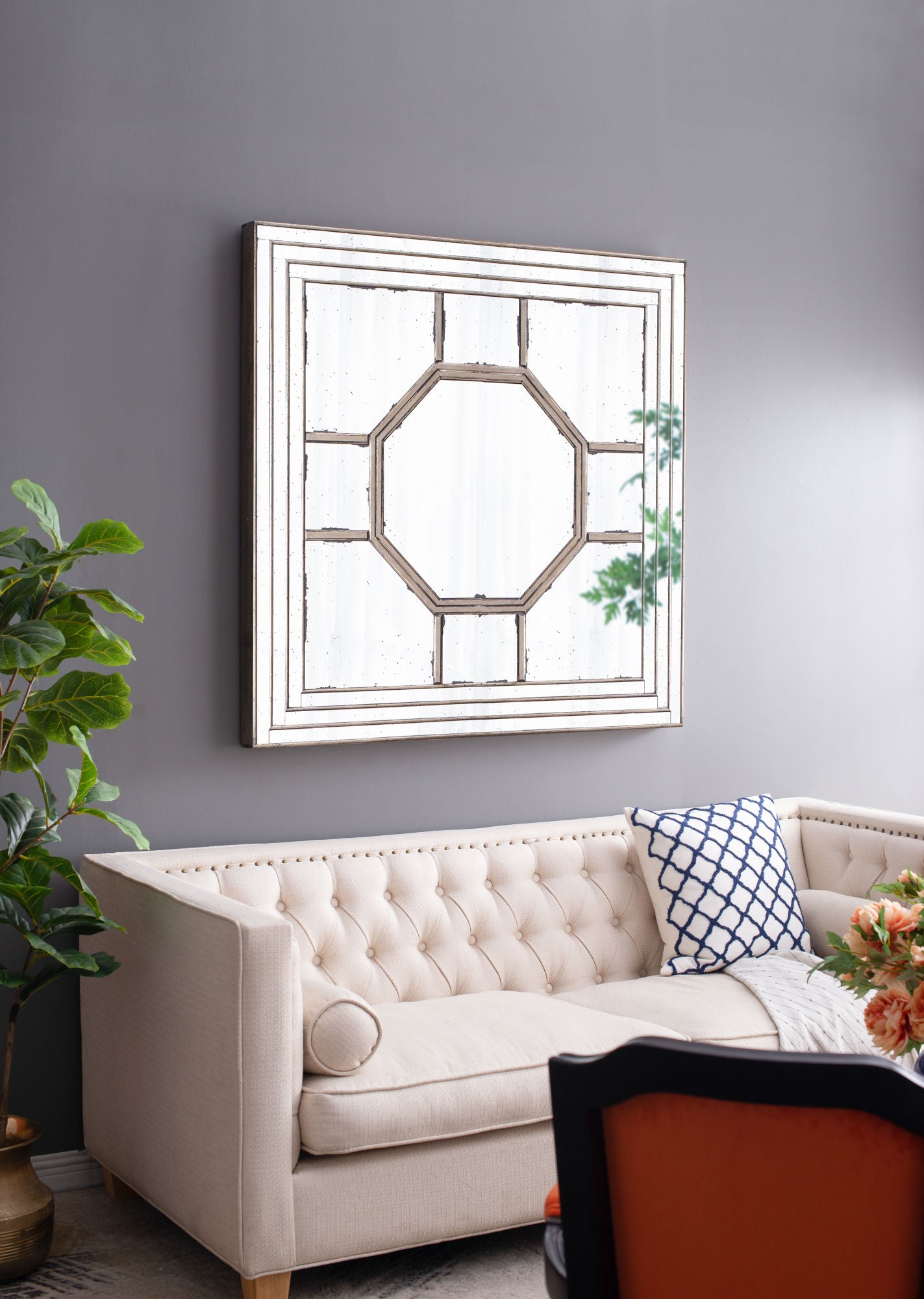48"x48" Antique Style Decorative Square Wall Mirror with Mirrored Frame