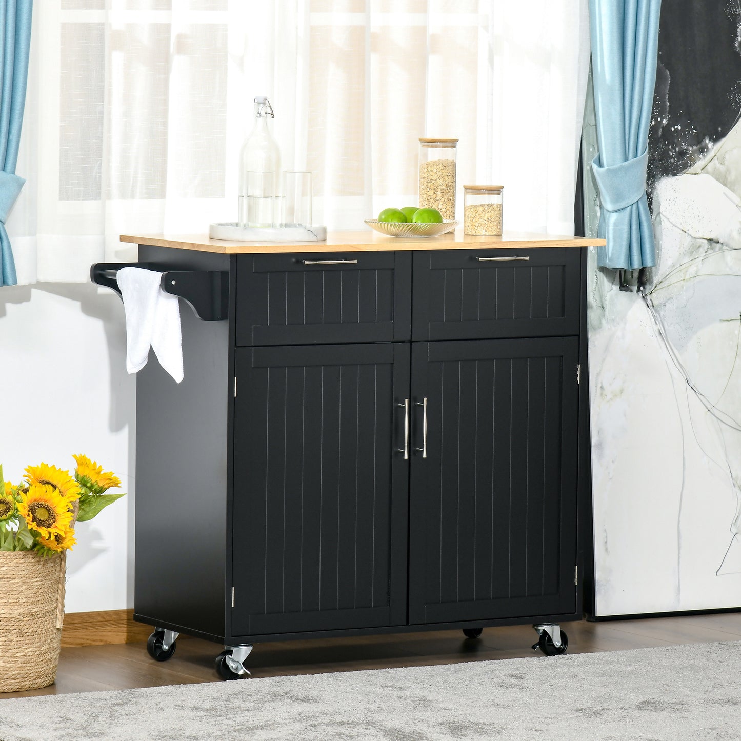 41" Modern Rolling Kitchen Island on Wheels, Utility Cart Storage Trolley with Rubberwood Top & Drawers, Black