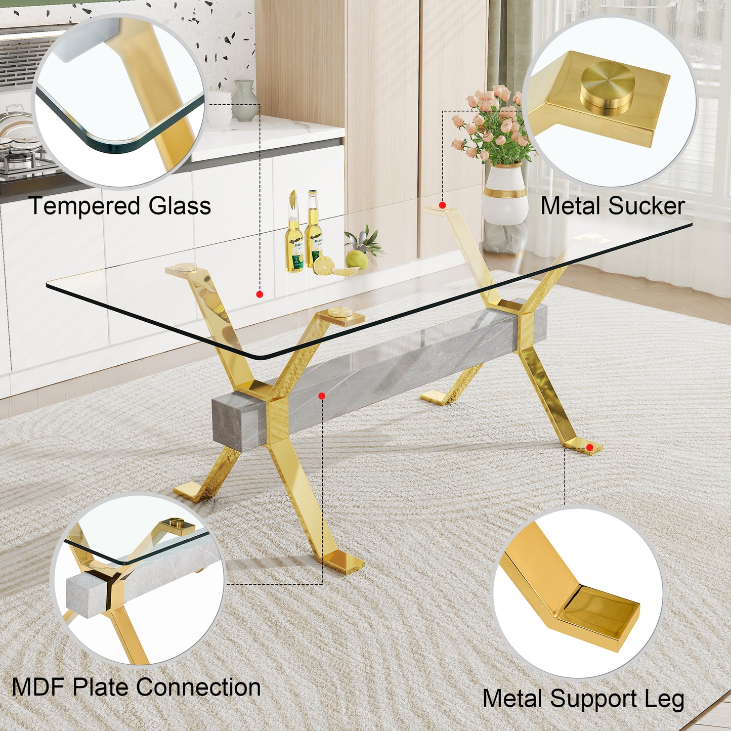1 table and 8 chairs. Modern simple luxury tempered glass rectangular dining table and desk with 8 black PU gold plated leg chairs 79''x39''x30''