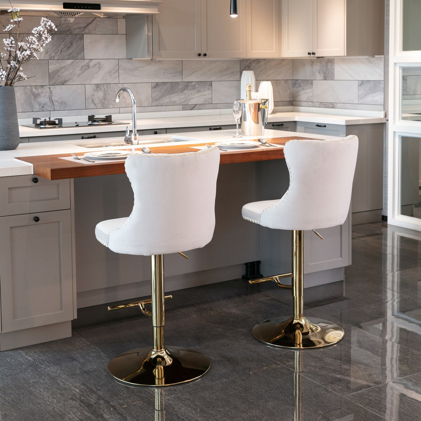 A&A Furniture,Golden Swivel Velvet Barstools Adjusatble Seat Height from 25-33 Inch, Modern Upholstered Bar Stools with Backs Comfortable Tufted for Home Pub and Kitchen Island(Beige,Set of 2)
