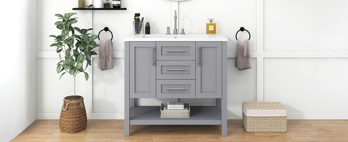 36-Inch Grey Bathroom Vanity with Solid Wood Frame and MDF, Resin Basin, 2 Single Resin Sink