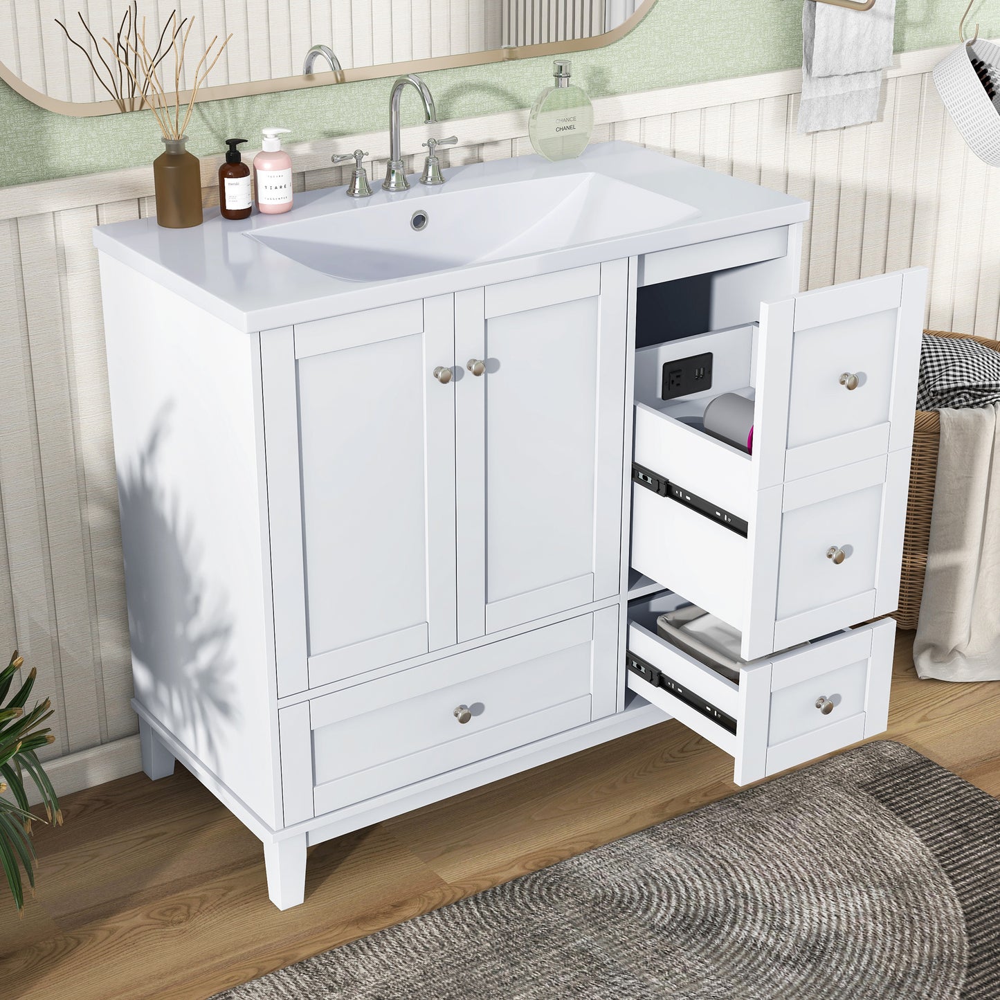 36 Inch Modern Bathroom Vanity with USB Charging, Two Doors and Three Drawers Bathroom Storage Vanity Cabinet, Small Bathroom Vanity cabinet with single sink , White & Gray Blue - Faucets Not Included