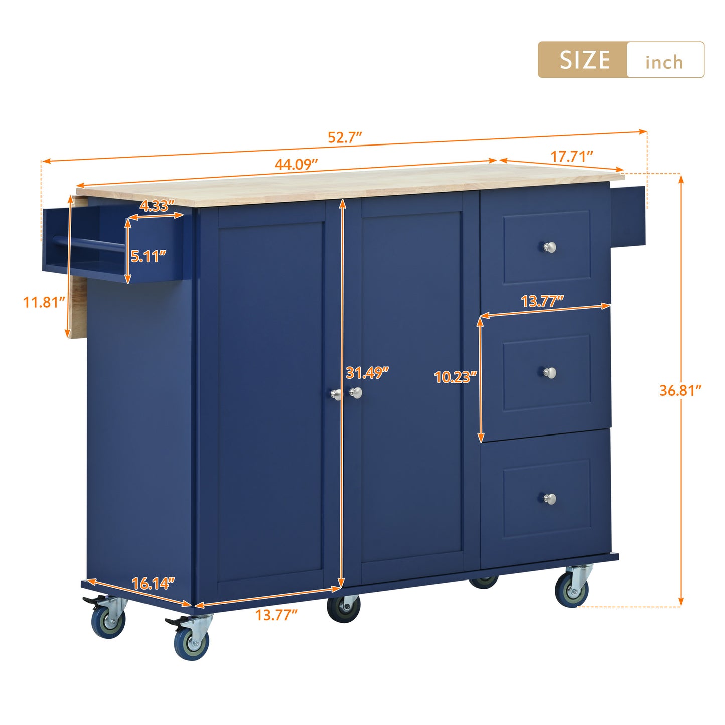 Rolling Mobile Kitchen Island with Drop Leaf - Solid Wood Top Dark blue)