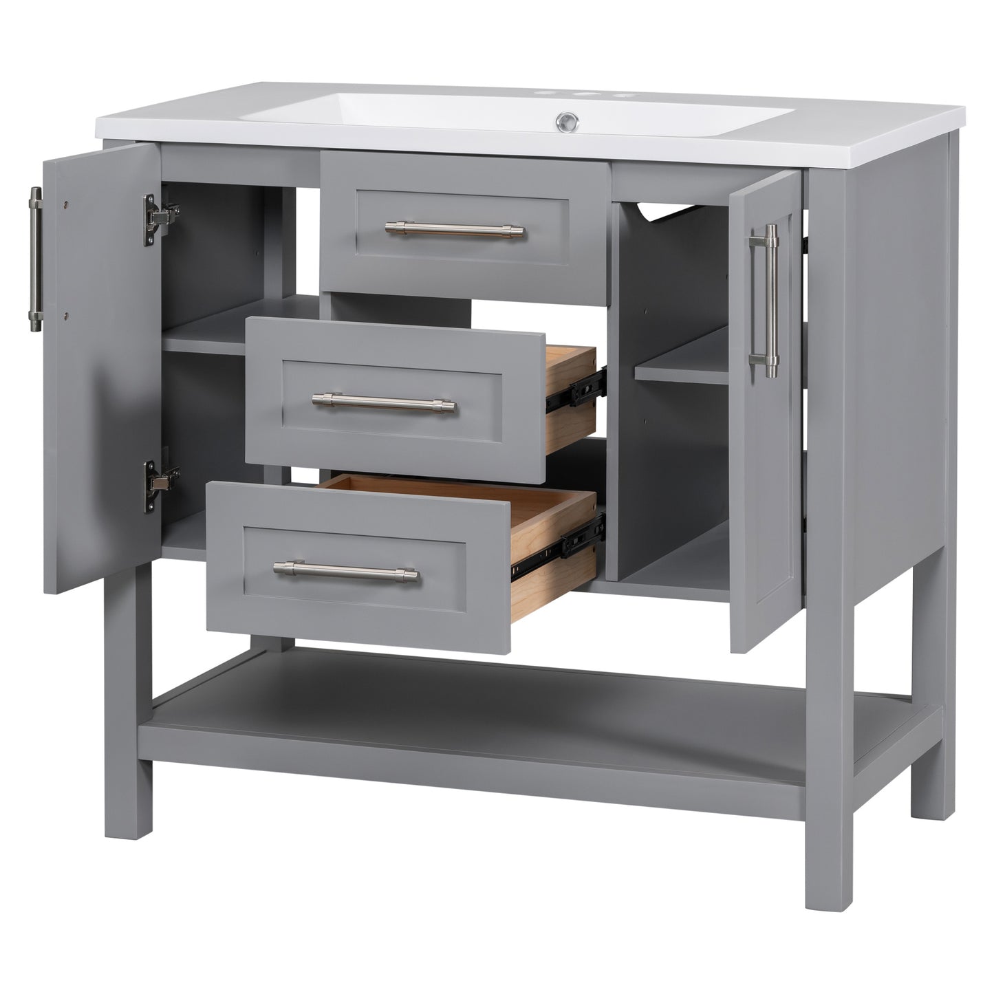 36-Inch Grey Bathroom Vanity with Solid Wood Frame and MDF, Resin Basin, 2 Single Resin Sink