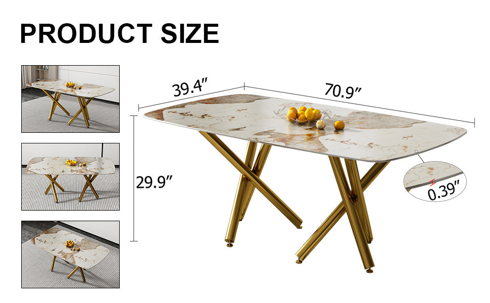 SleekMarble Rectangular Dining Table - Features a 0.39-inch Imitation Marble Top and Elegant Gold-Plated Metal Legs