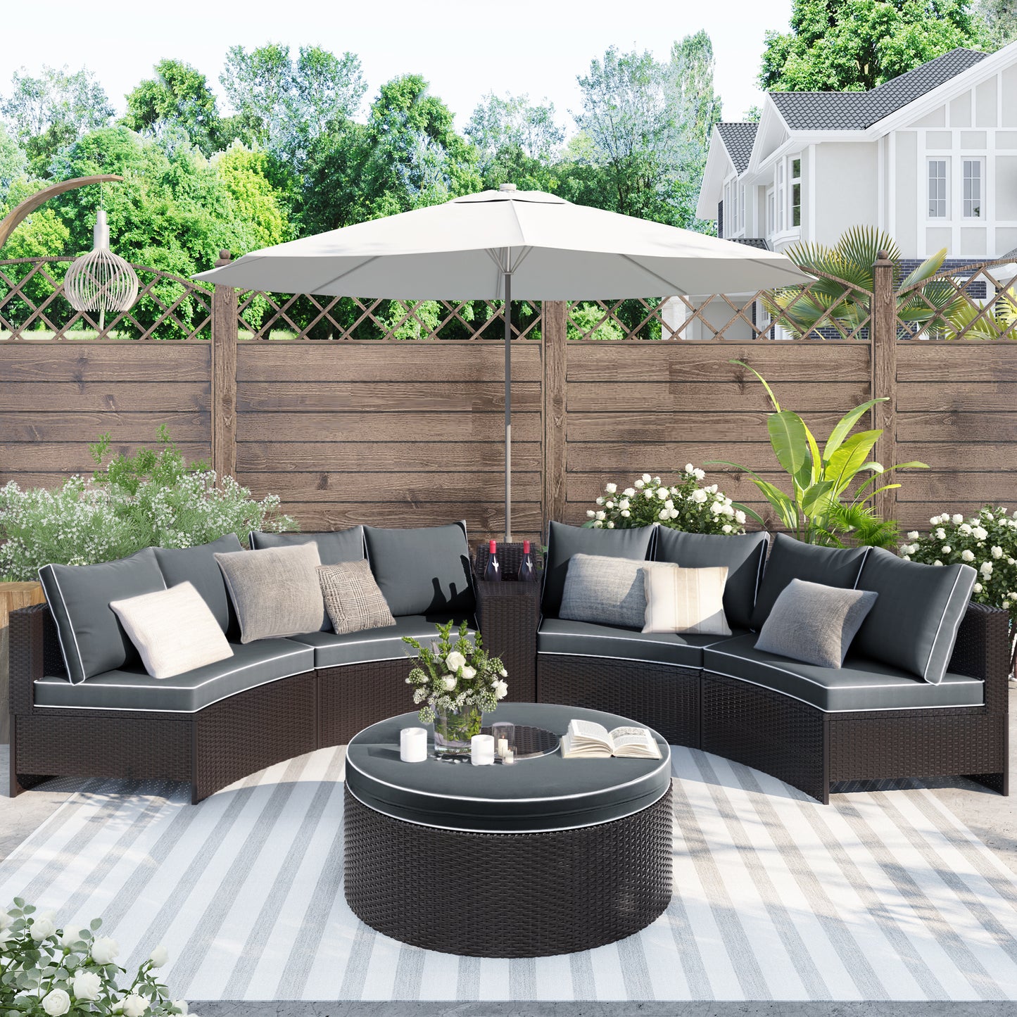 6 Pieces Outdoor Sectional Half Round Patio Rattan Sofa Set; PE Wicker Conversation Furniture Set; Brown+ Gray