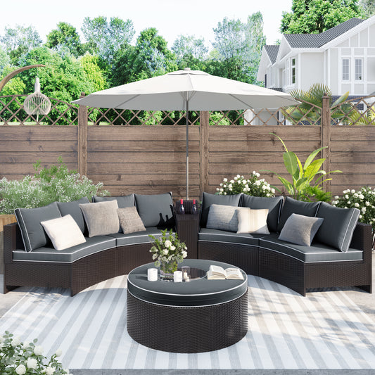 6 Pieces Outdoor Sectional Half Round Patio Rattan Sofa Set; PE Wicker Conversation Furniture Set; Brown+ Gray