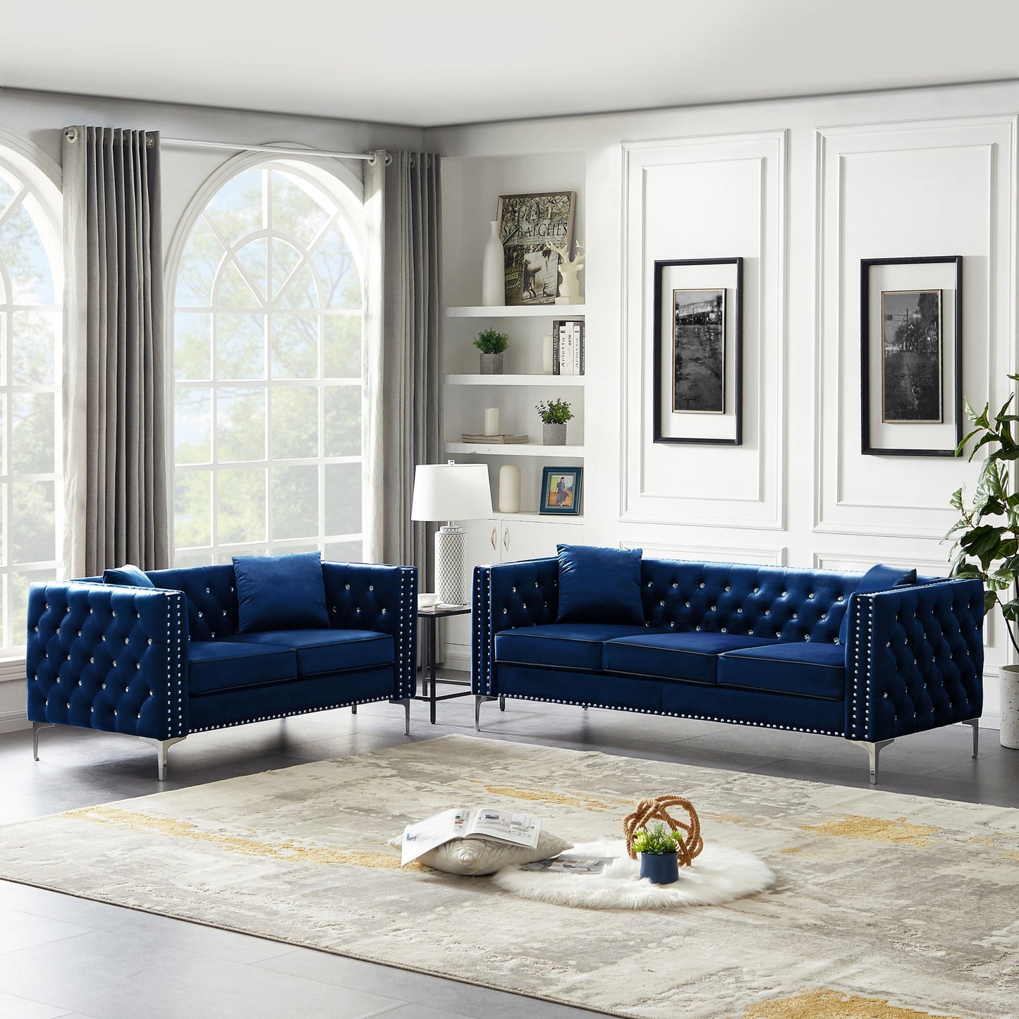 Sapphire Elegance Velvet Sofa Set- Blue