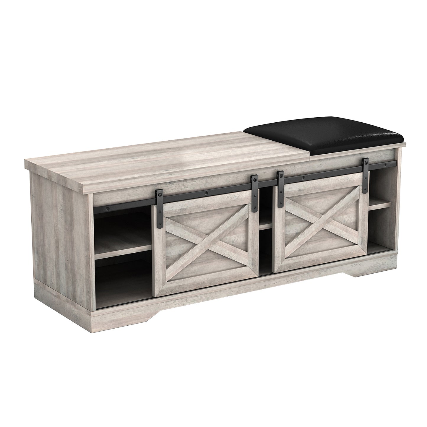 47 Inch Modern Farmhouse Sliding X Barn Door Litterbox Bench with Entry Cutout;  Shoe Bench Multi-color Option