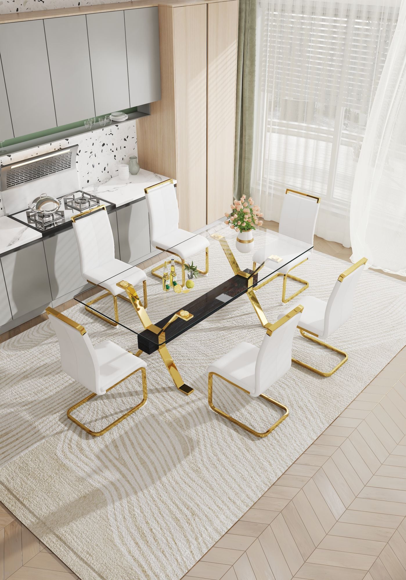 ContemporaryGlass Dining Table - Versatile for Home or Office. Features a Large Tempered Glass Top, Modern Office Desk Design with Gold-Plated Metal Legs and MDF Crossbars. Ideal for Kitchen Use. Dimensions: 79''x39''x30'