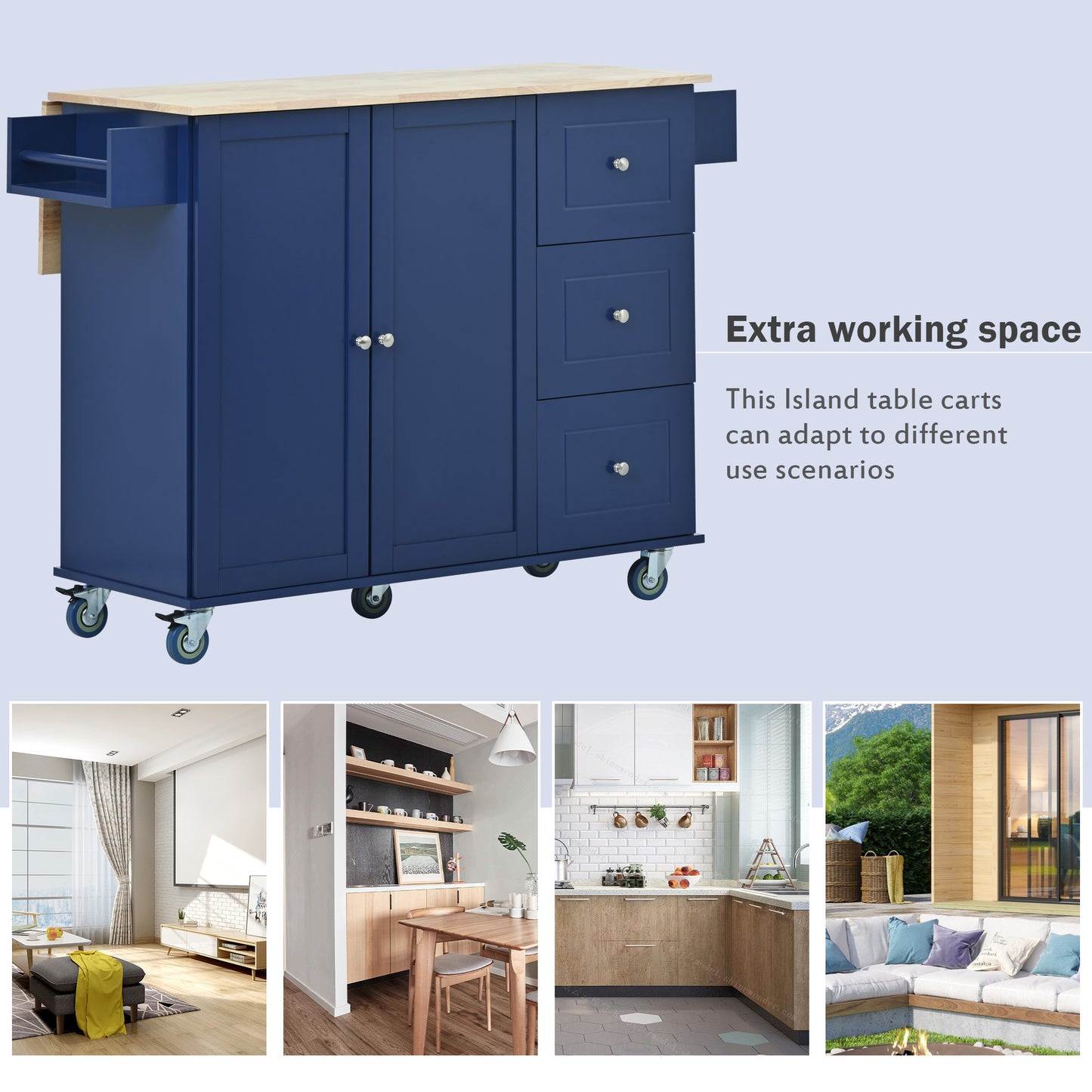 Rolling Mobile Kitchen Island with Drop Leaf - Solid Wood Top Dark blue)