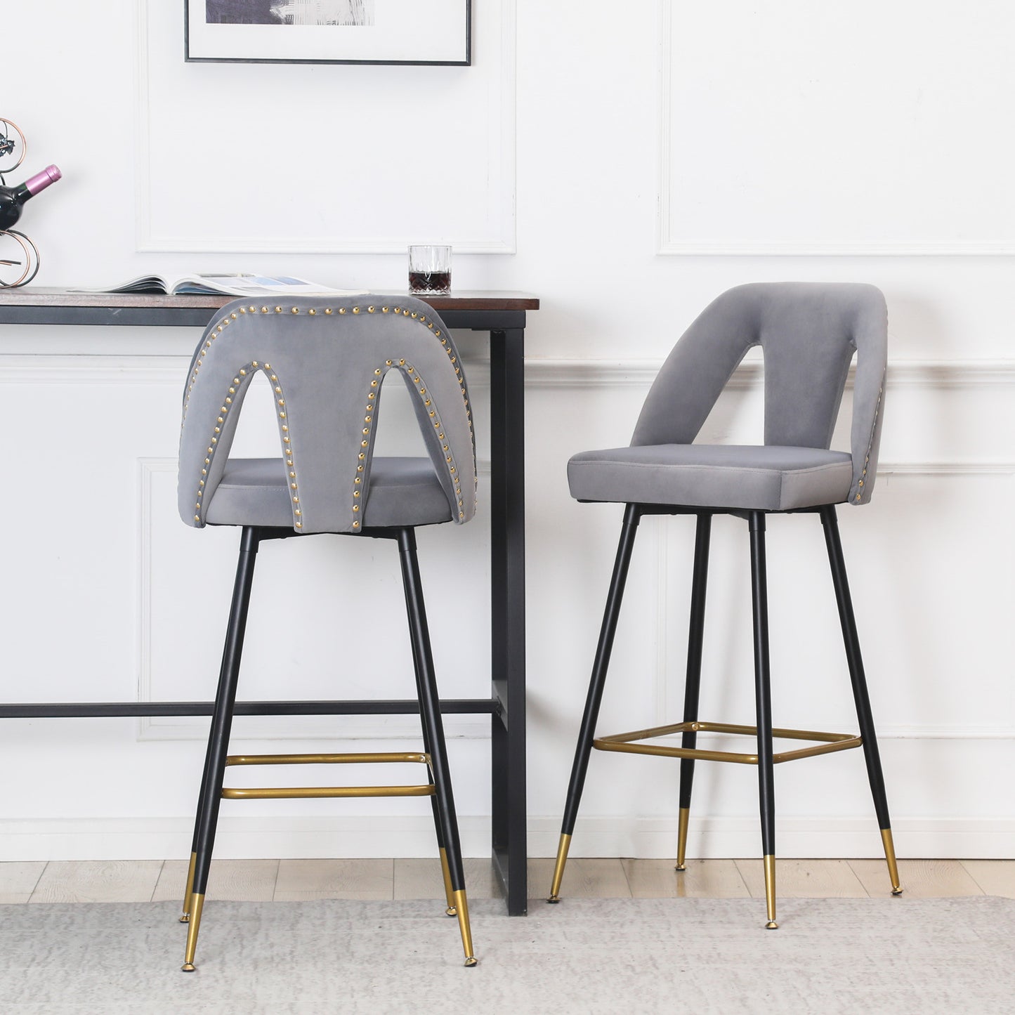Collection Modern | Contemporary Velvet Upholstered  28\\\" Bar Stool & Counter Stools with Nailheads and Gold Tipped Black Metal Legs,Set of 2