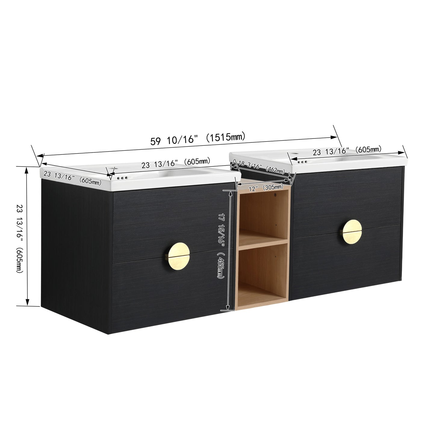 60 Inch Wall-Mounted Bathroom Vanity With Sink, and A Small Storage Shelves (KD-Packing)BVC07660BCT