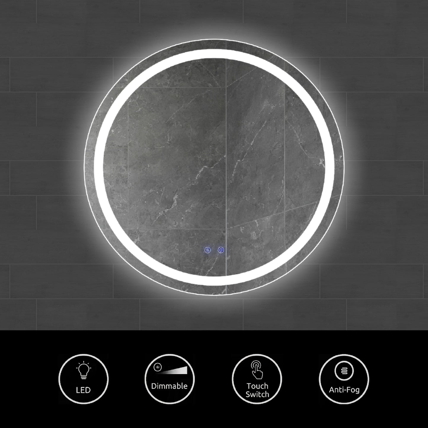32 x 32 Inch Round Frameless LED Illuminated Bathroom Mirror; Touch Button Defogger; Metal; Frosted Edges; Silver