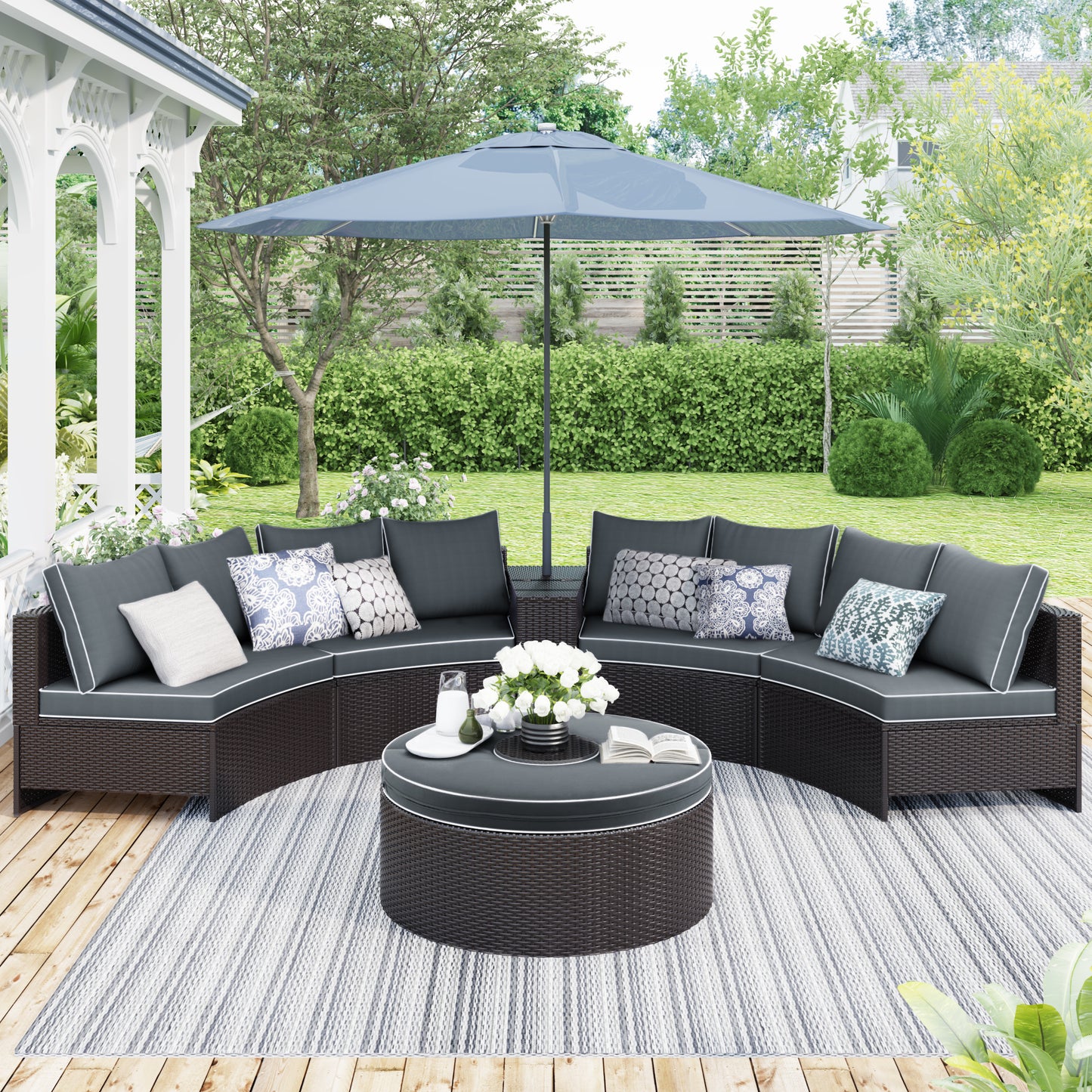 6 Pieces Outdoor Sectional Half Round Patio Rattan Sofa Set; PE Wicker Conversation Furniture Set; Brown+ Gray