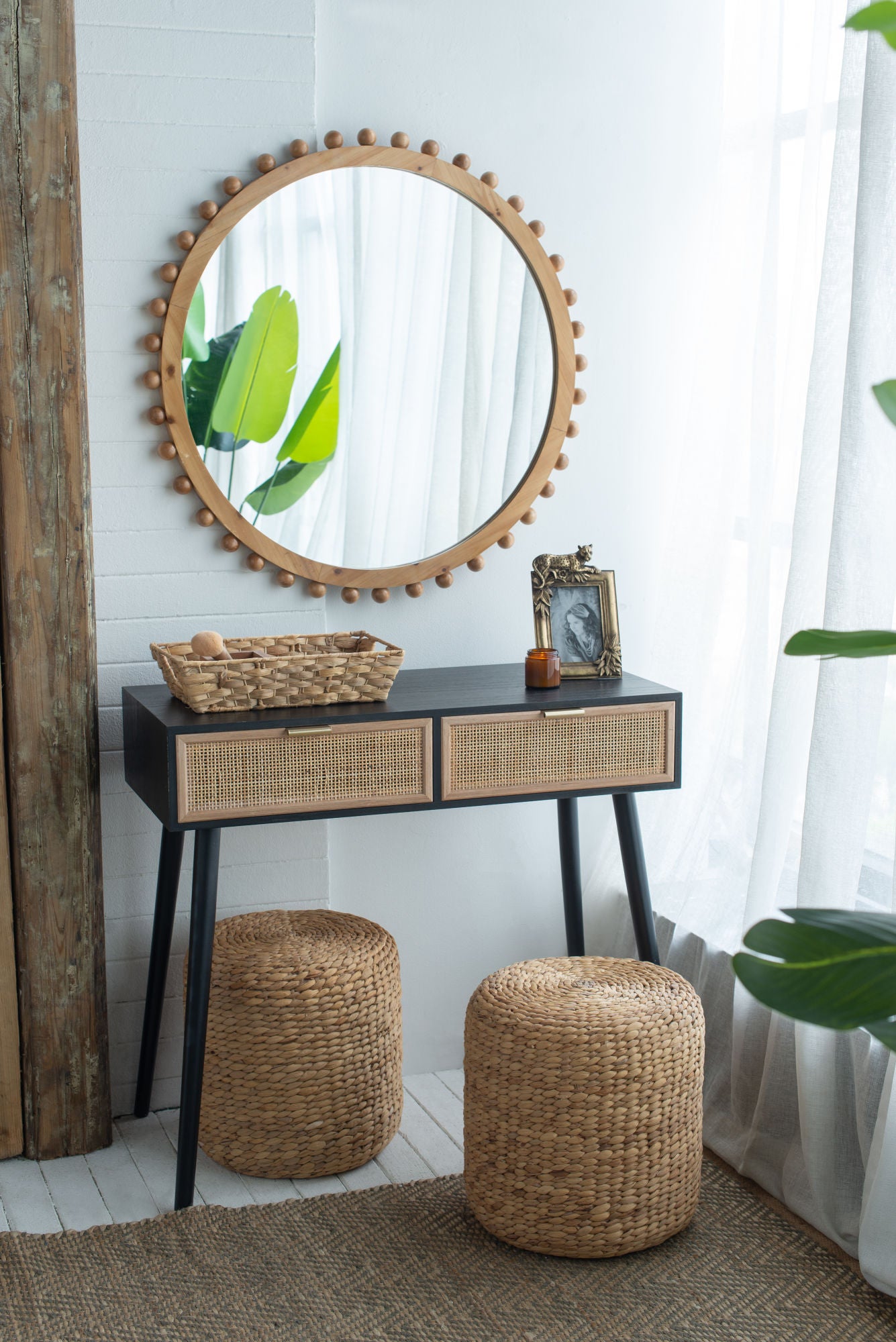 34" Wood Round Mirror with Beaded Frame