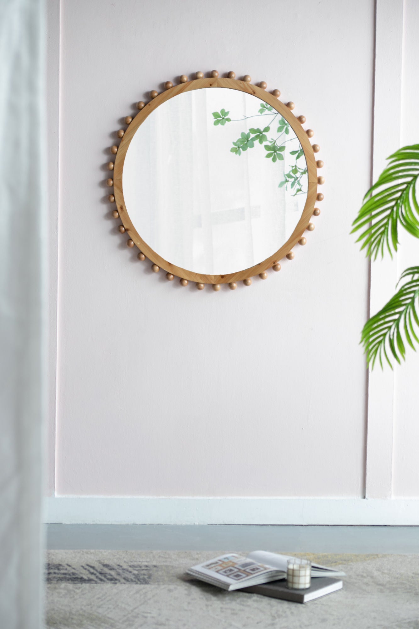 34" Wood Round Mirror with Beaded Frame
