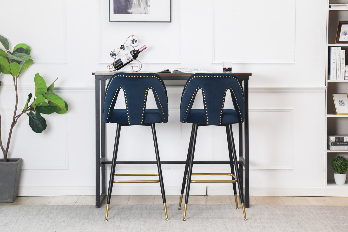 Collection Modern | Contemporary Velvet Upholstered  28\\\" Bar Stool & Counter Stools with Nailheads and Gold Tipped Black Metal Legs,Set of 2