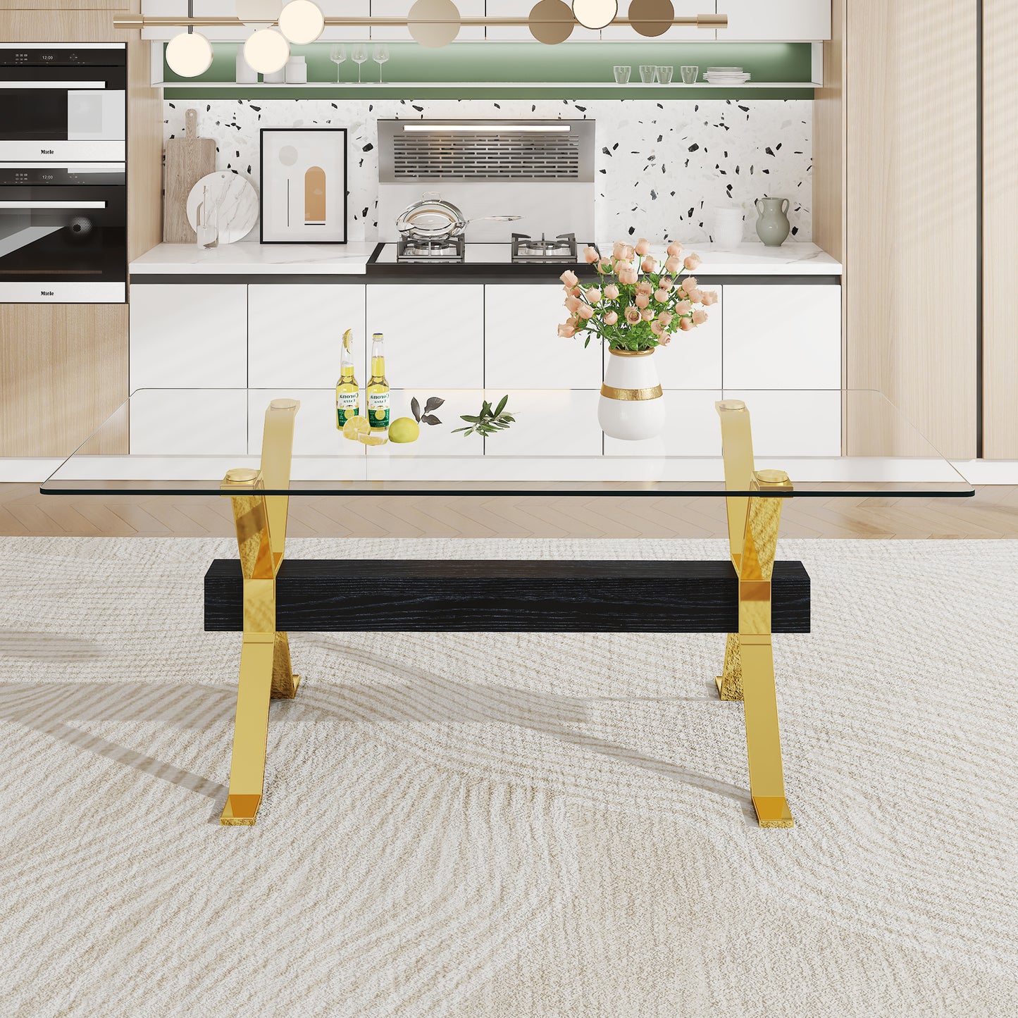 ContemporaryGlass Dining Table - Versatile for Home or Office. Features a Large Tempered Glass Top, Modern Office Desk Design with Gold-Plated Metal Legs and MDF Crossbars. Ideal for Kitchen Use. Dimensions: 79''x39''x30'