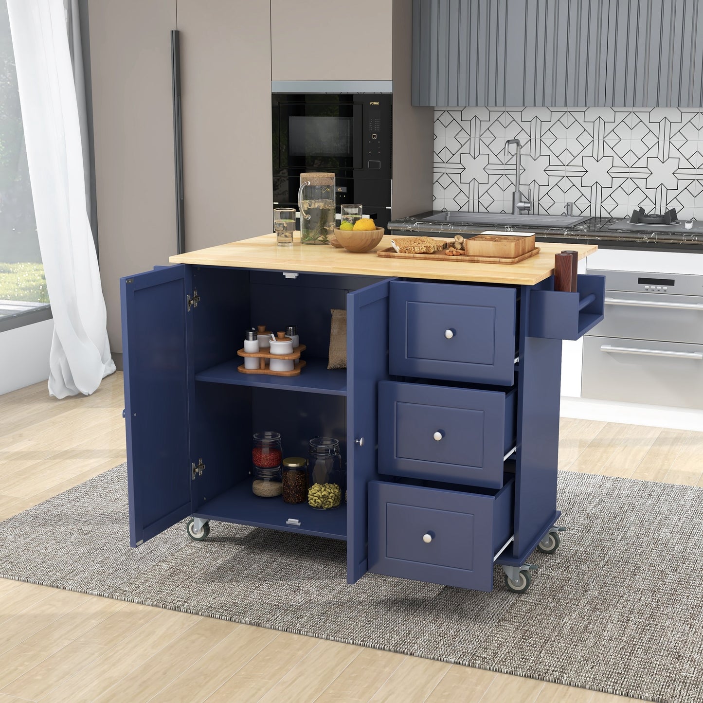 Rolling Mobile Kitchen Island with Drop Leaf - Solid Wood Top Dark blue)