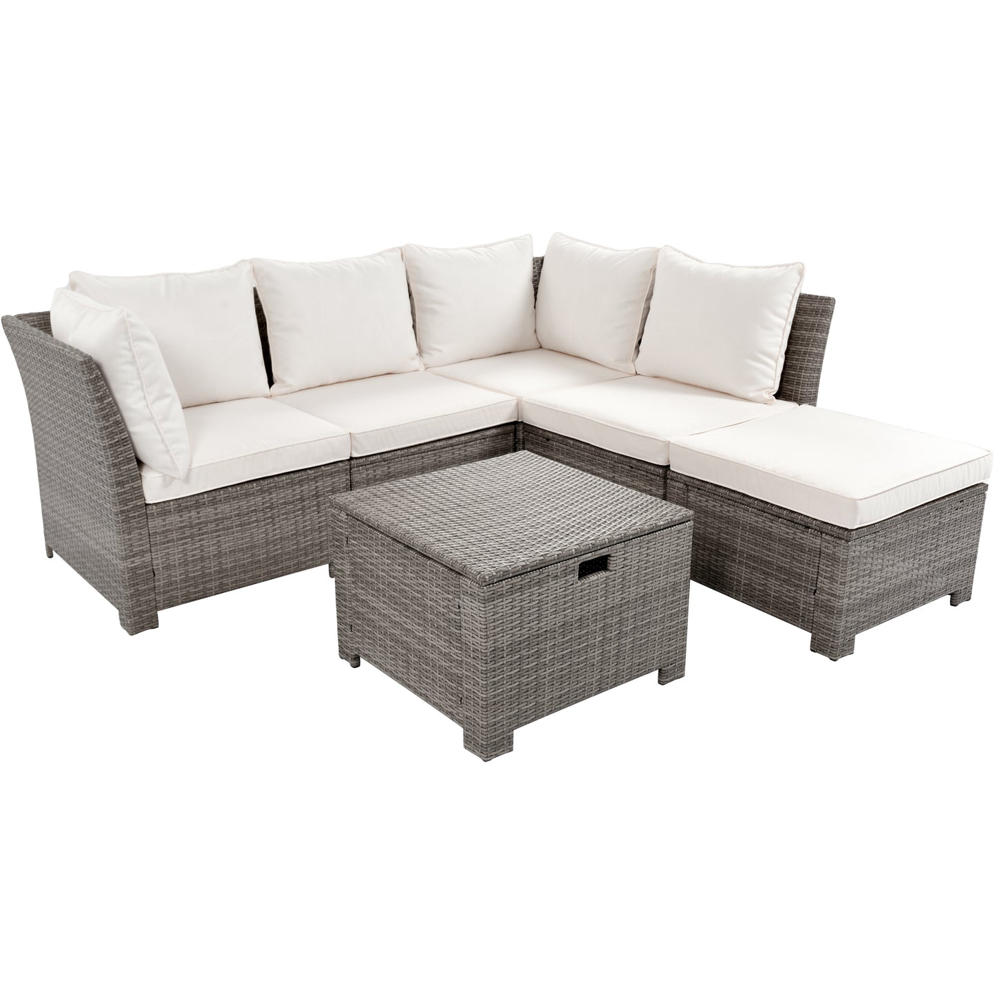 6-Piece Outdoor Sofa Set, PE Wicker Rattan Sofa with 2 Corner Chairs, 2 Single Chairs, 1 Ottoman and 1 Storage Table, All-weather Conversational Furniture, Beige