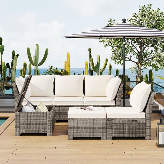 6-Piece Outdoor Sofa Set, PE Wicker Rattan Sofa with 2 Corner Chairs, 2 Single Chairs, 1 Ottoman and 1 Storage Table, All-weather Conversational Furniture, Beige