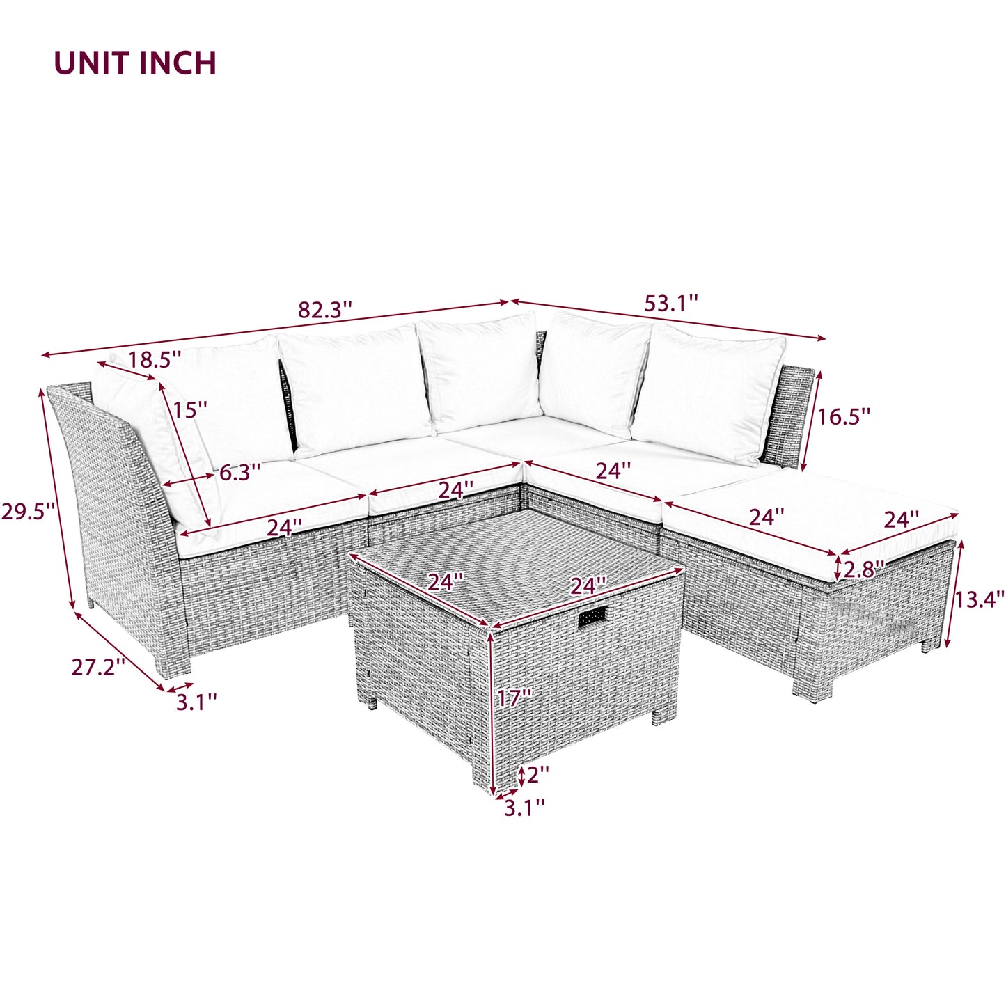 6-Piece Outdoor Sofa Set, PE Wicker Rattan Sofa with 2 Corner Chairs, 2 Single Chairs, 1 Ottoman and 1 Storage Table, All-weather Conversational Furniture, Beige