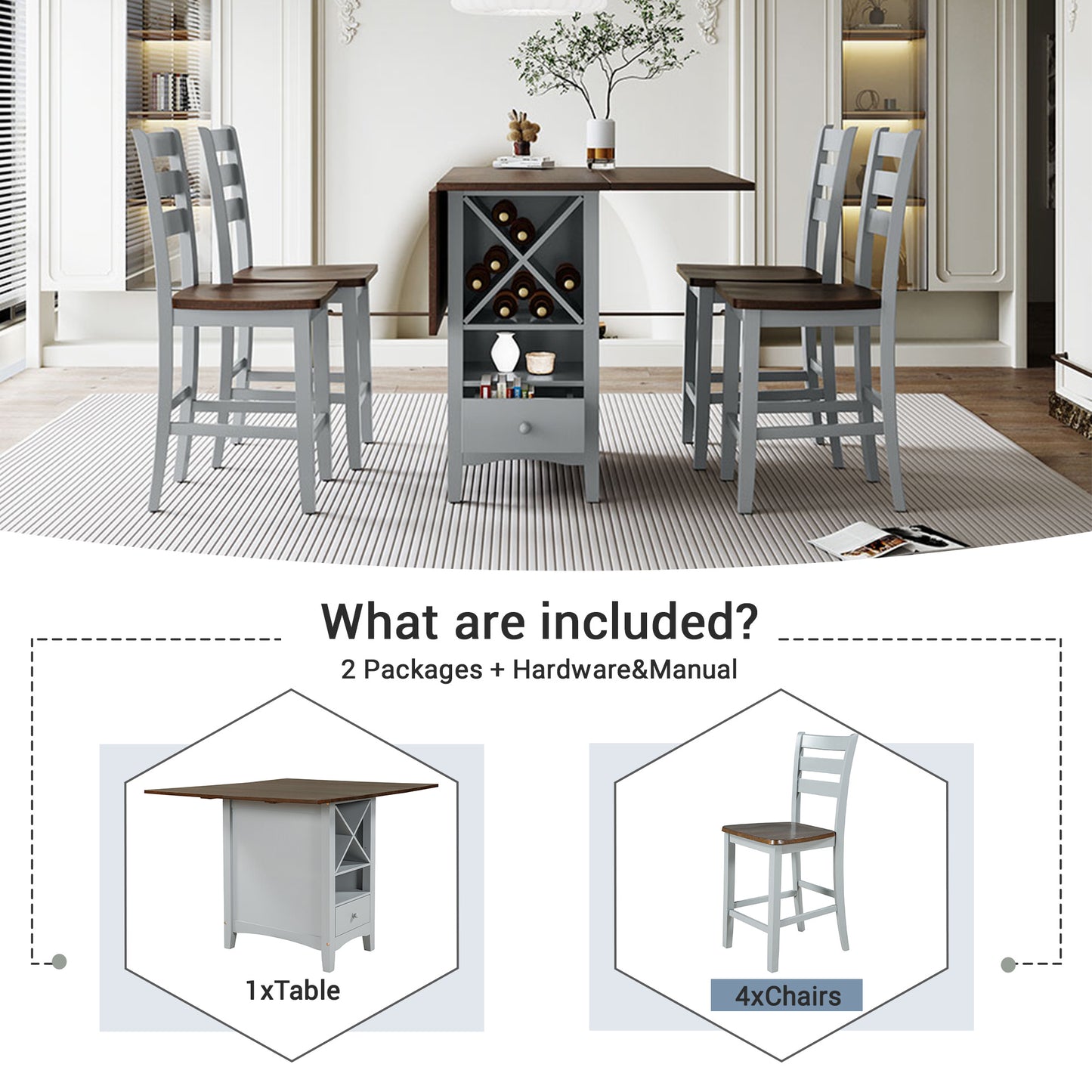 Farmhouse Wood Counter Height 5-Piece Dining Table Set with Drop Leaf;  Kitchen Set with Wine Rack and Drawers for Small Places