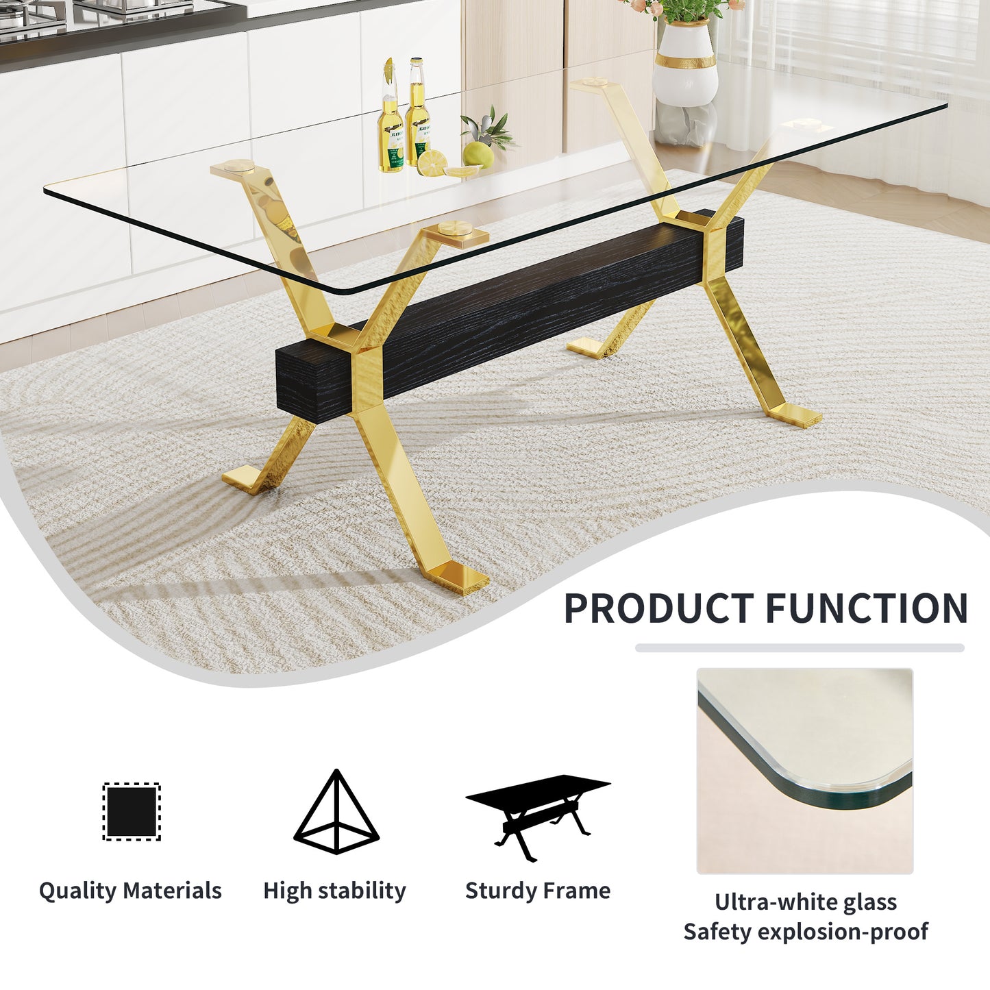 ContemporaryGlass Dining Table - Versatile for Home or Office. Features a Large Tempered Glass Top, Modern Office Desk Design with Gold-Plated Metal Legs and MDF Crossbars. Ideal for Kitchen Use. Dimensions: 79''x39''x30'