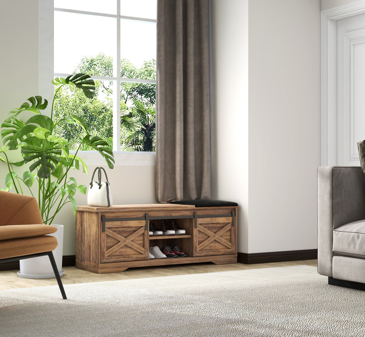 47 Inch Modern Farmhouse Sliding X Barn Door Litterbox Bench with Entry Cutout;  Shoe Bench Multi-color Option