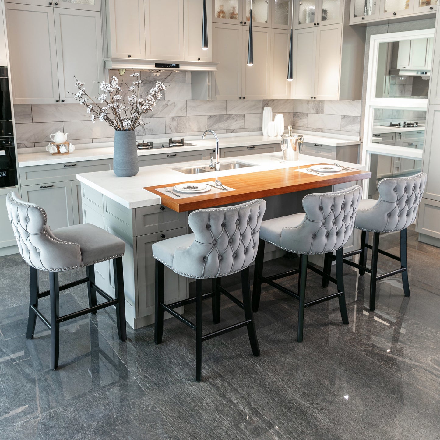 Contemporary Velvet Upholstered Wing-Back Barstools; Set of 2 (Gray)